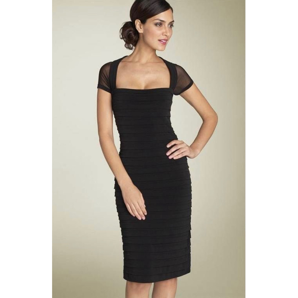 Maggy London Black Square Neck Illusion Back Pleated Cocktail Dress Size 10